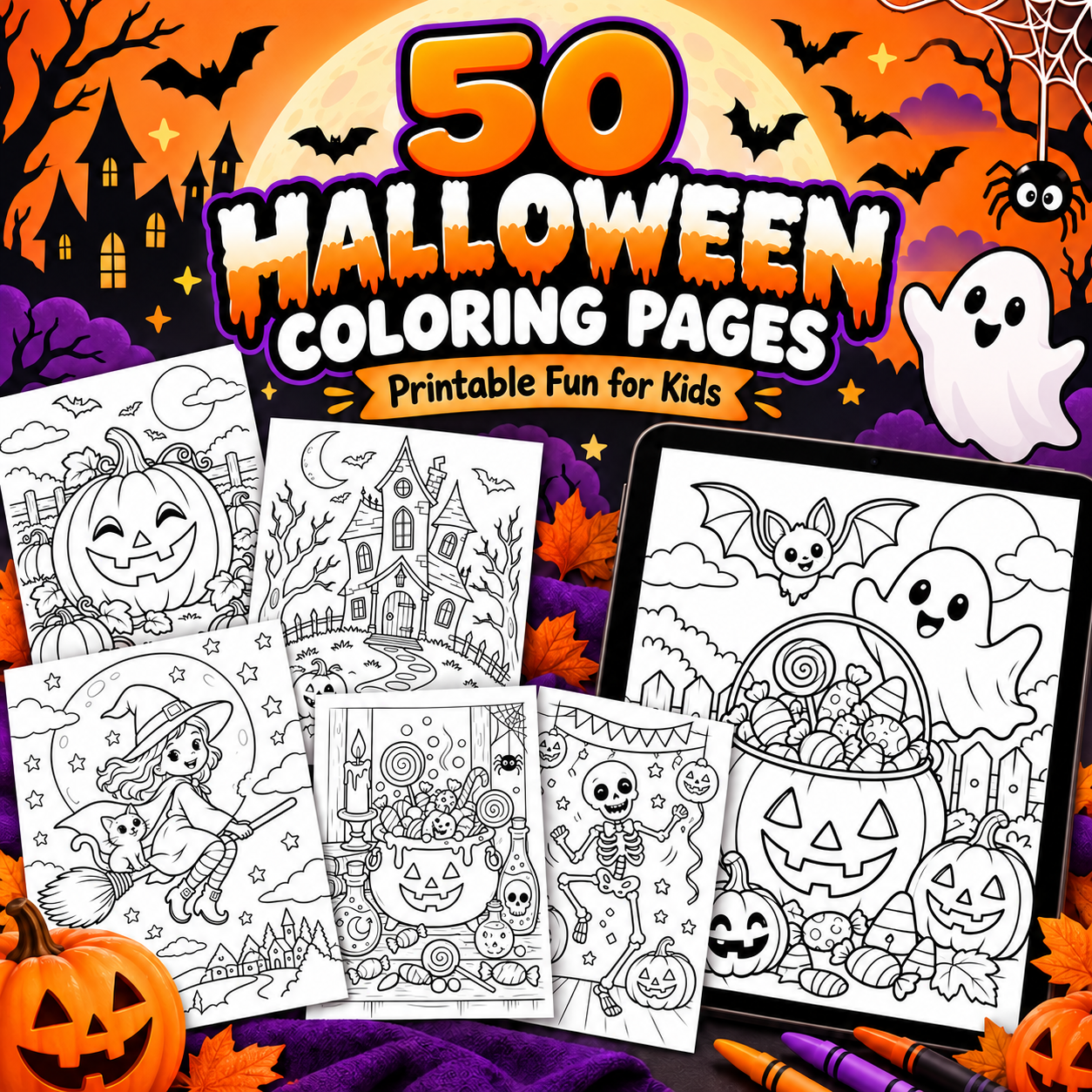 50 Halloween Coloring Pages printable fun for kids